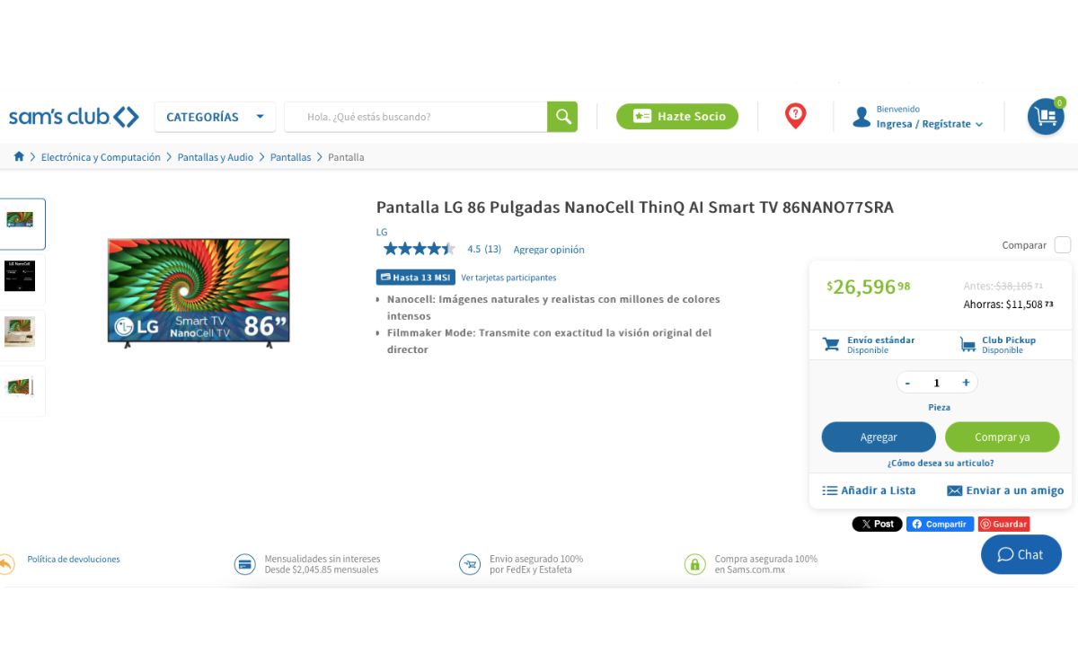 Oferta de Sam's Club de la pantalla de 86 pulgadas