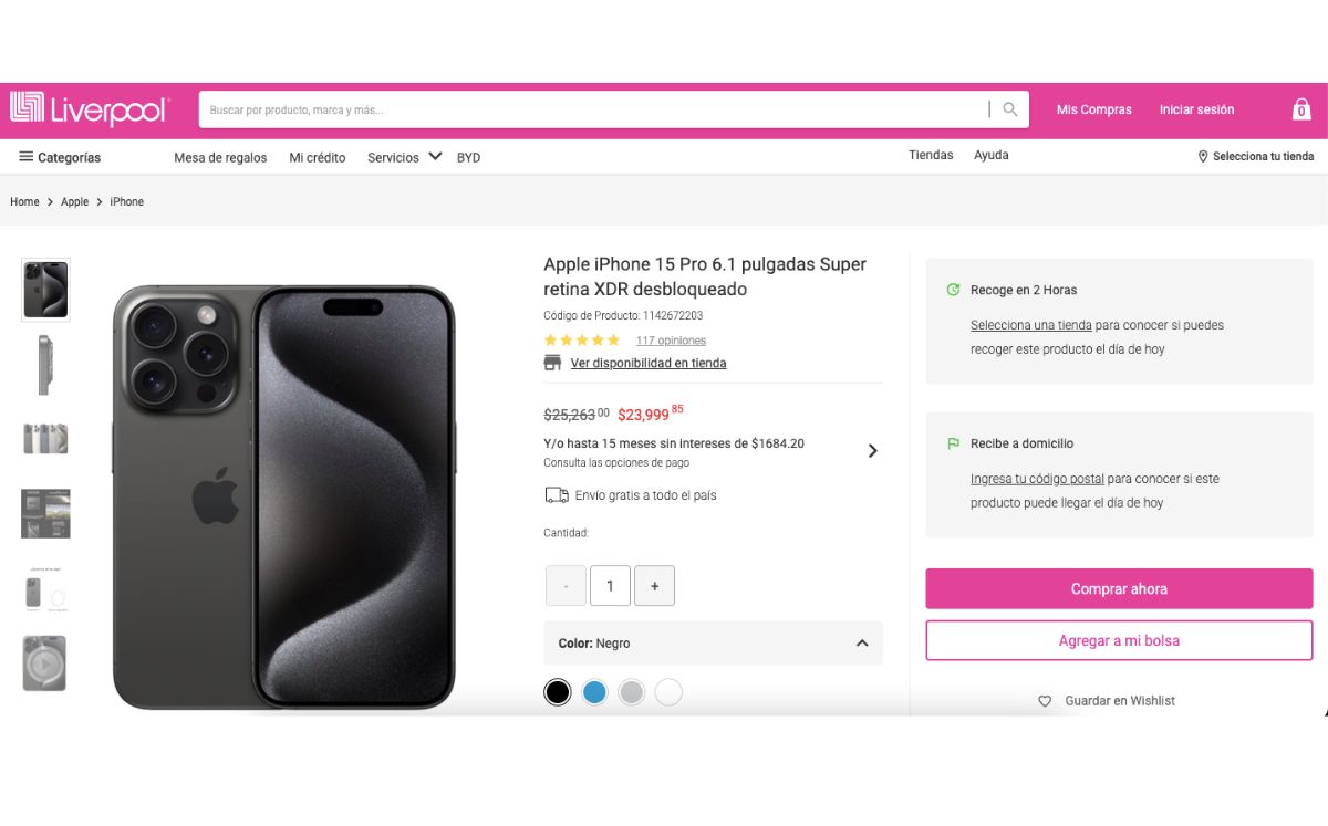 Precio del iPhone 15 PRO (Liverpool)