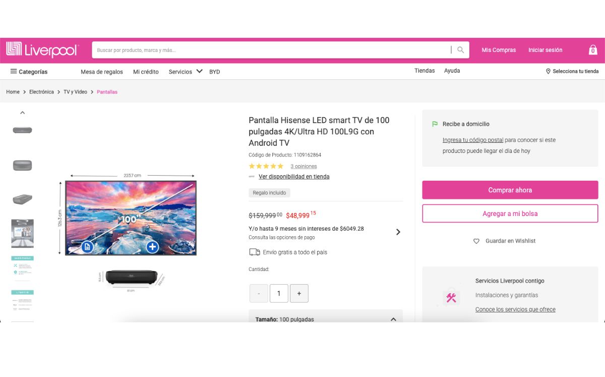 Precio de pantalla de 100 pulgadas al 70% de descuento (Liverpool)