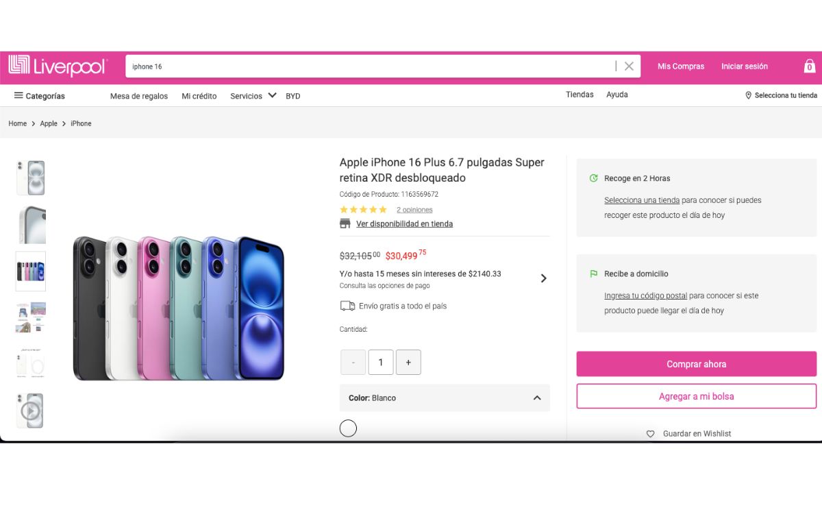 Precio del iPhone 16 Plus de 512 GB (Liverpool)