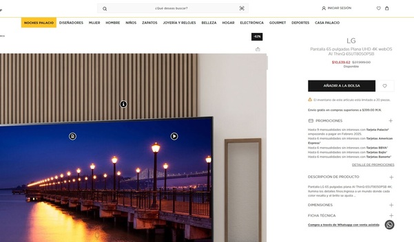 Palacio de Hierro remata pantalla de 65 pulgadas a menos de $10 mil (Foto: Palacio de Hierro)