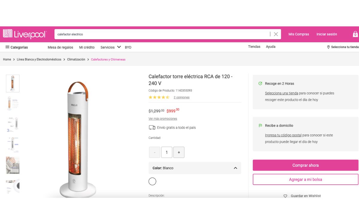 Precio del calefactor RCA (Liverpool)