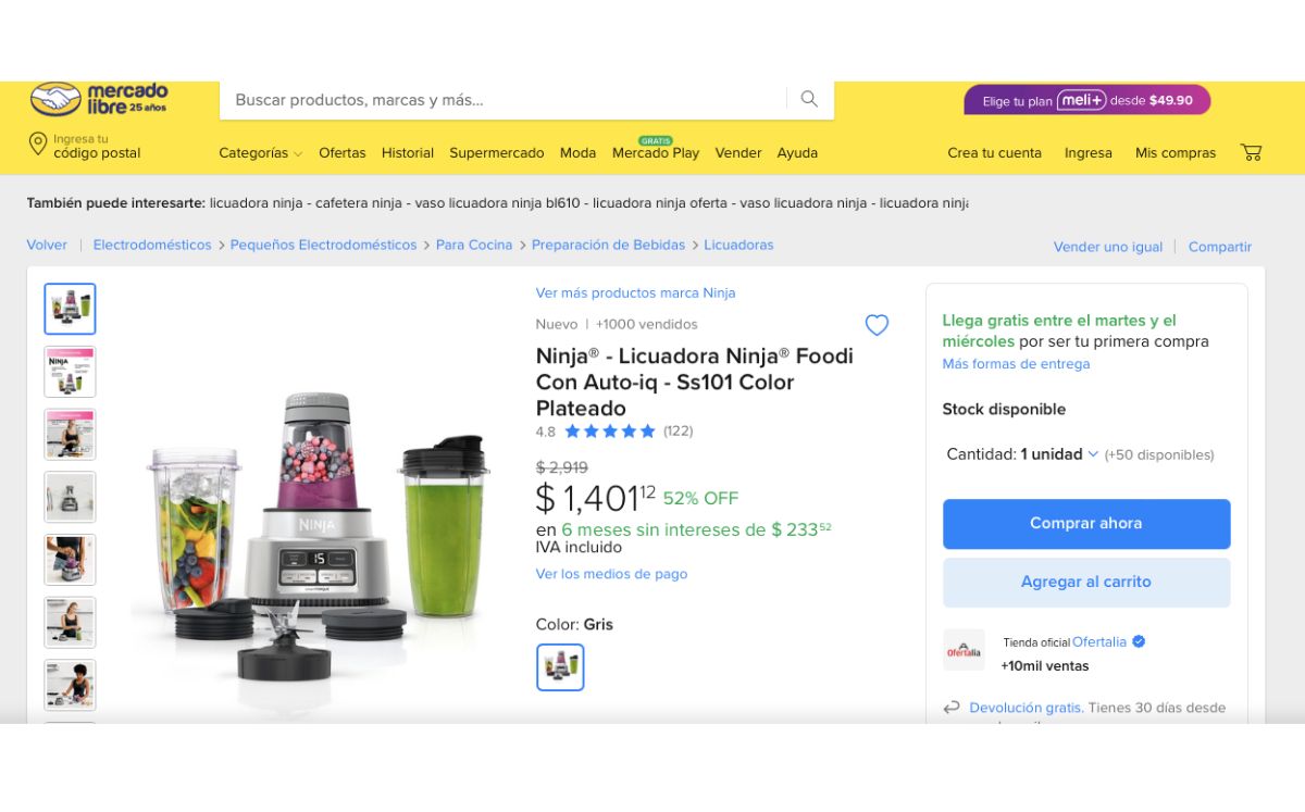 Precio de la licuadora Ninja en oferta (Mercado Libre)