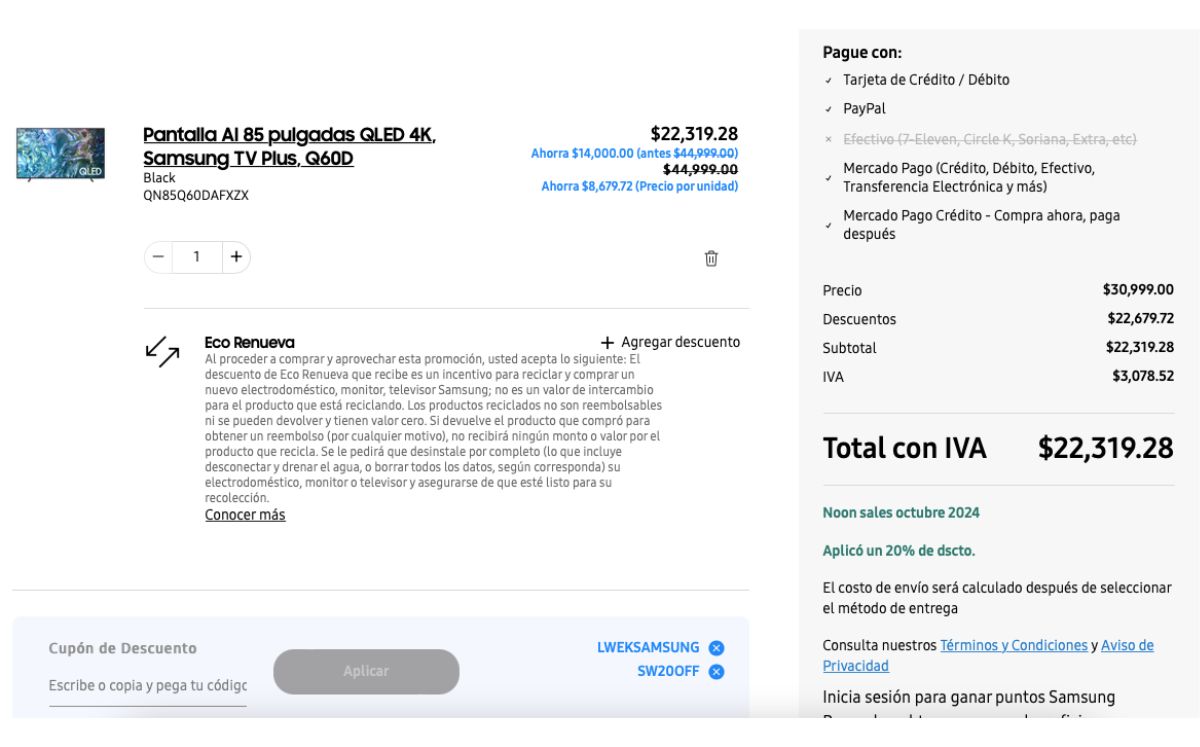 Precio de la pantalla de 85 pulgadas sin el descuento de la primera compra aplicado (Instagram)