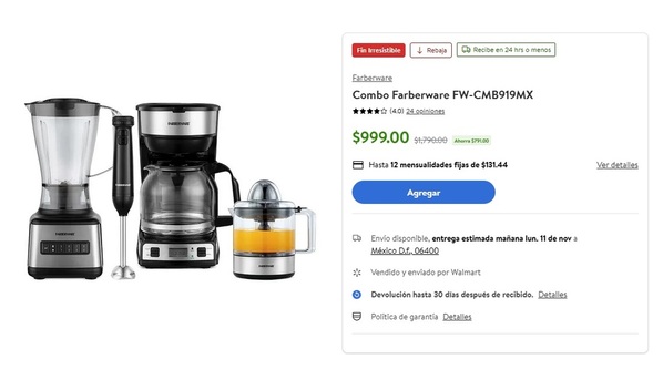 Walmart remata combo de licuadora, batidora, exprimidor y cafetera a mil pesos (Foto: Walmart)