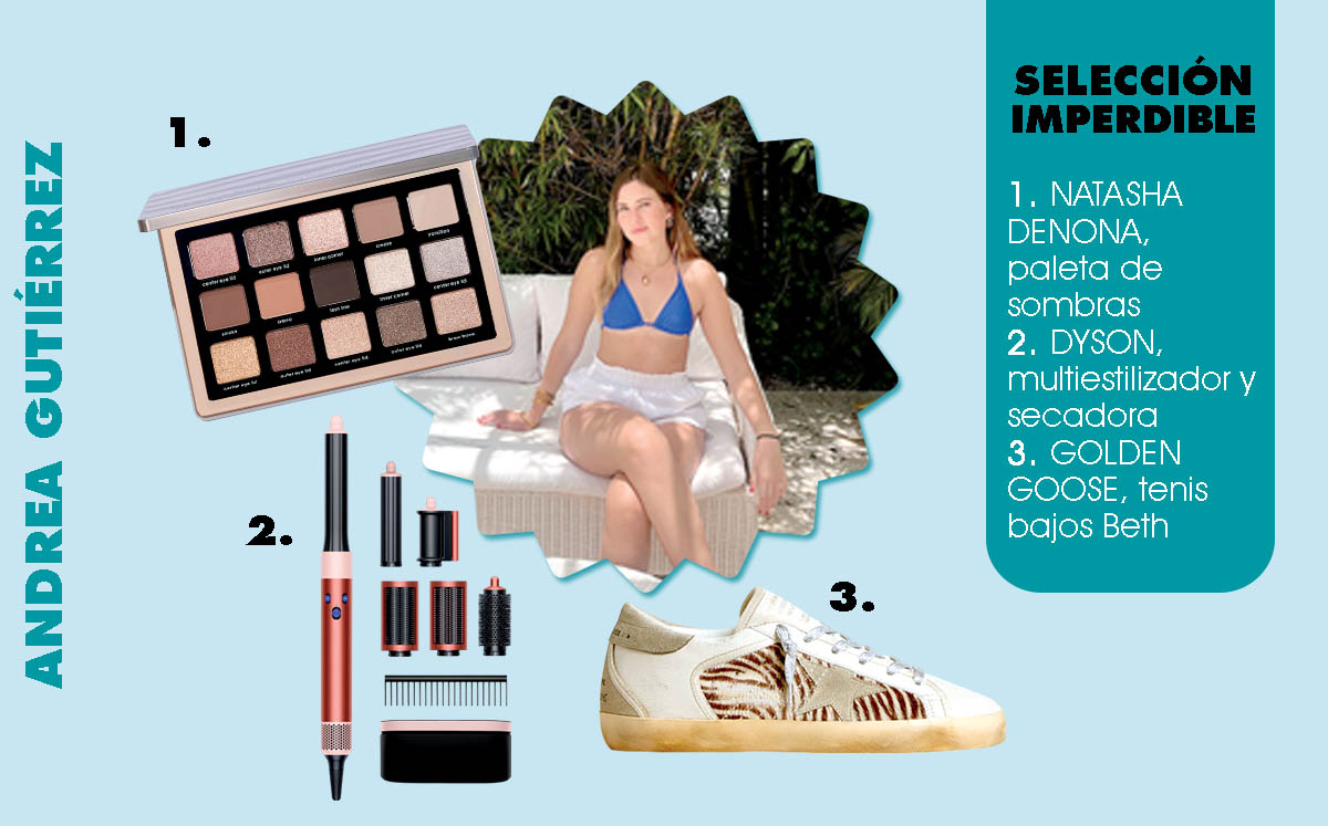 Andrea Gutiérrez: tiene en su carrito una paleta de sombras de Natasha Denona, un multiestilizador y secadora de Dyson y unos tenis bajos Beth