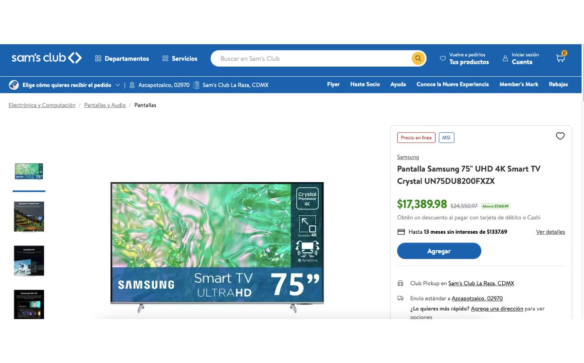 Precio de la pantalla Samsung de 75 pulgadas (Sam's Club)