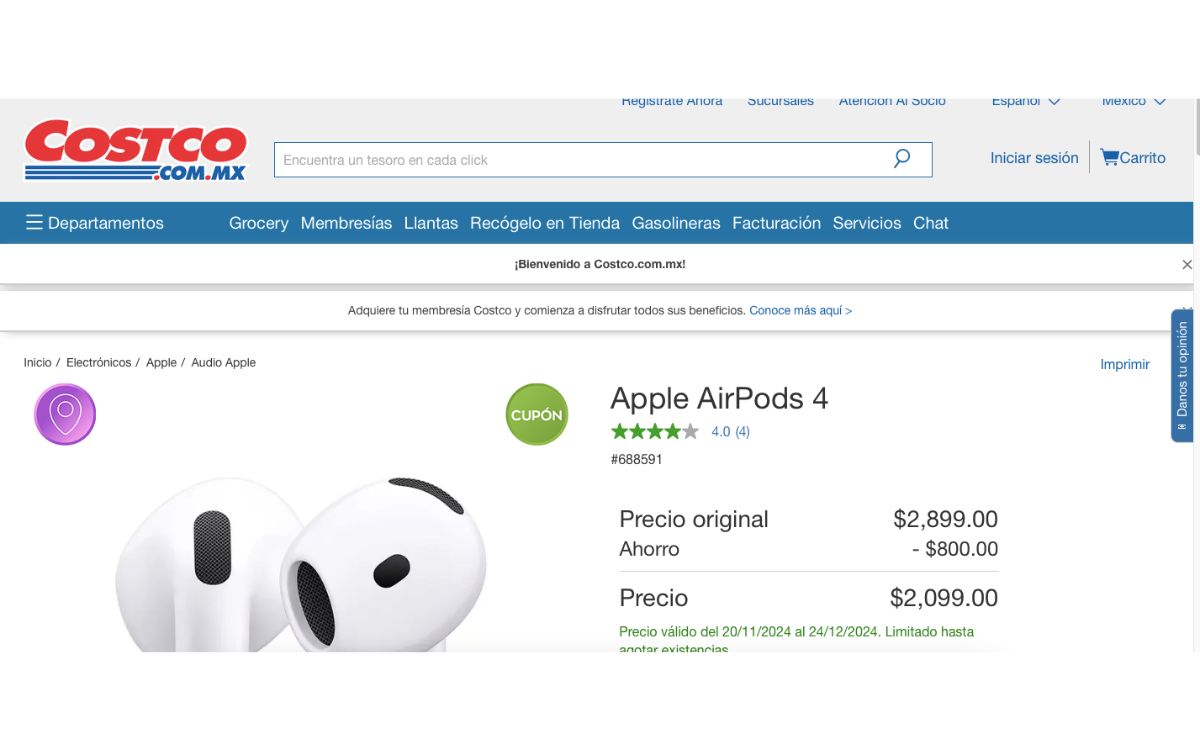 Precio de los AirPods 4 en descuento (Costco)