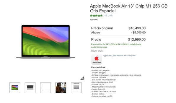Costco remata Apple MacBook Air 13" Chip M1 con 5 mil pesos de descuento (Foto: Costco)