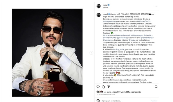 Esta es la publicación que Nodal desarchivó en su Instagram (Foto: Getty)