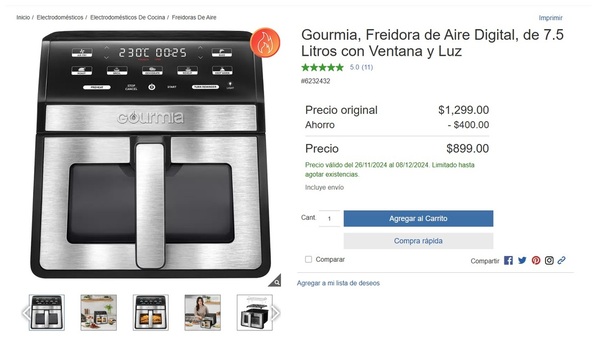 Costco remata freidora de aire digital Gourmia a menos de mil pesos  (Foto: Costco)