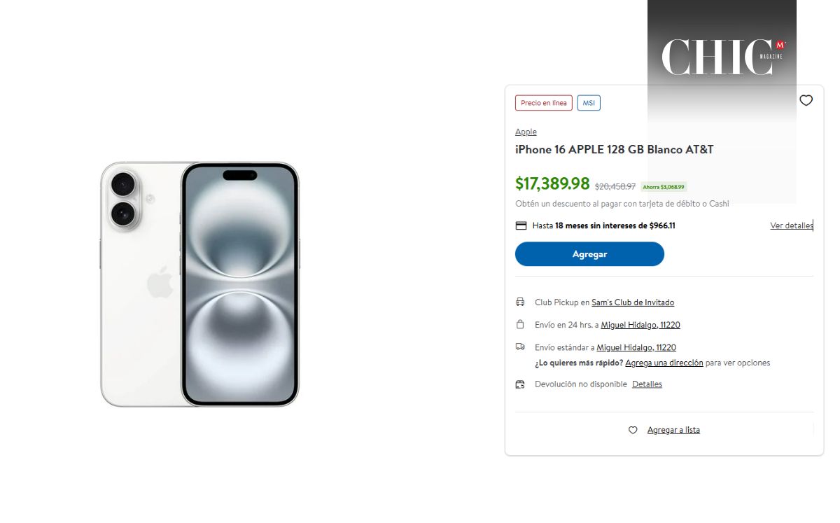 Oferta del iPhone 16 de 128 GB de color Blanco y con la compañía A&T (Foto: Sam's Club)