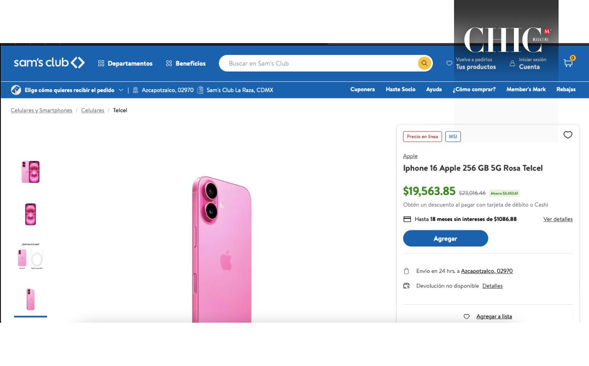 Precio del iPhone 16 rosa de 256 GB (Sam's Club)
