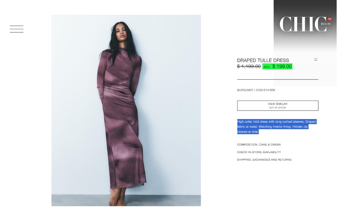 Así se ve el vestido en Zara antes de estar agotado (Foto: Zara)