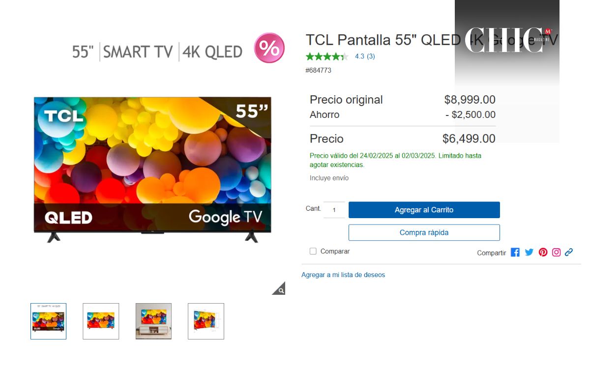 Pantalla de 55 pulgadas en su precio más bajo (Foto: Costco)