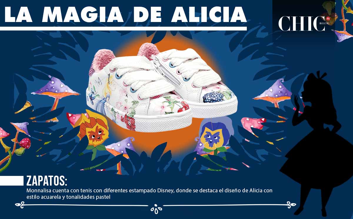 Monnalisa cuenta con tenis con diferentes estampado Disney, donde se destaca el diseño de Alicia con estilo acuarela y tonalidades pastel