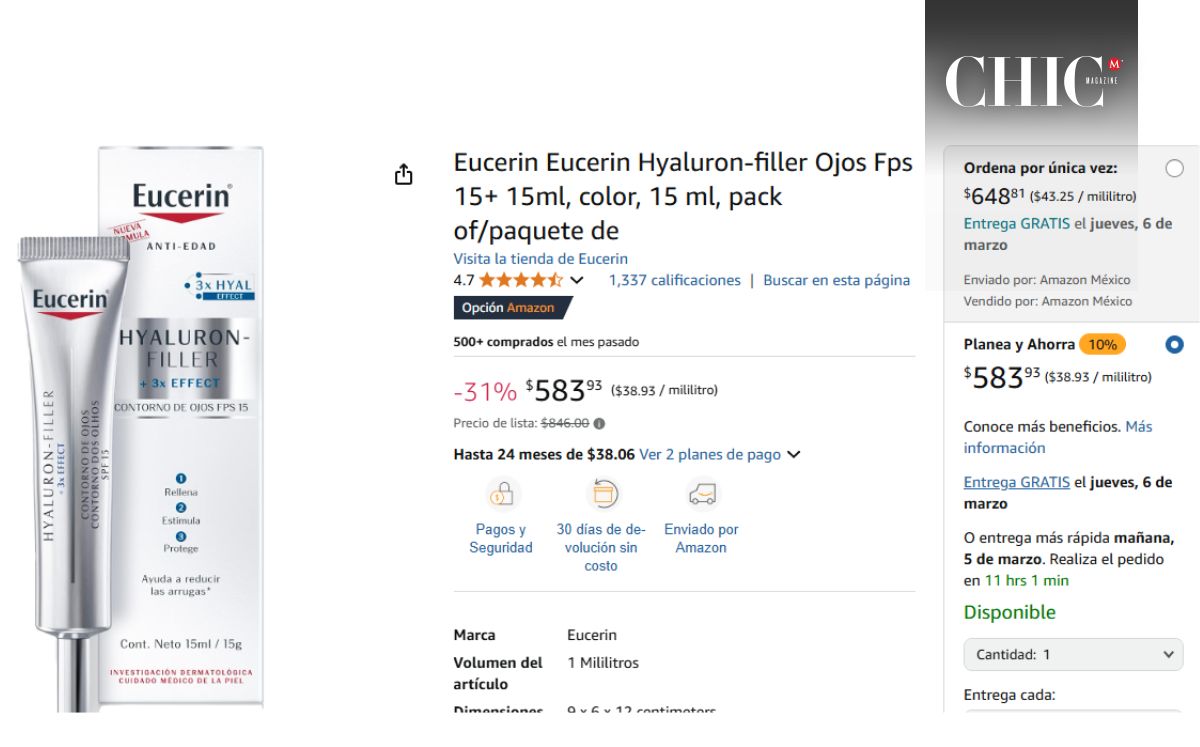 Aprovecha y compra el Eucerin Hyaluron-Filler para ojos (Amazon)