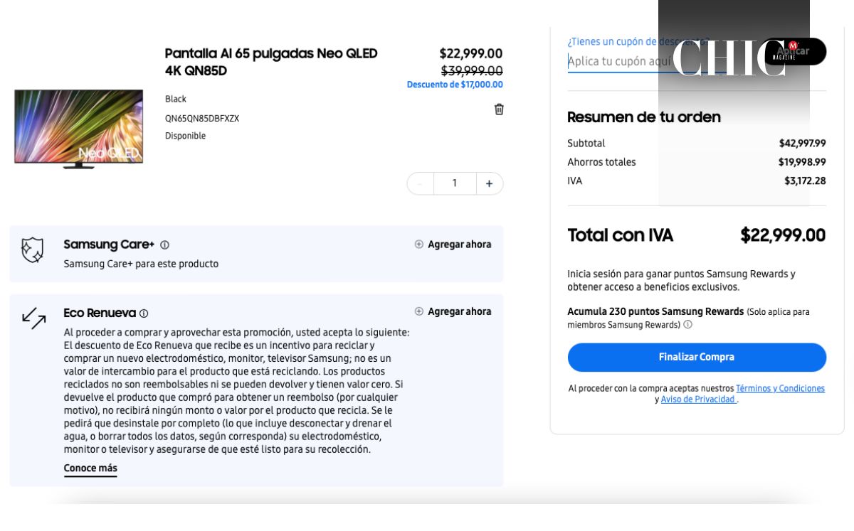 Precio de la pantalla Neo de 65 pulgadas (Samsung Store)