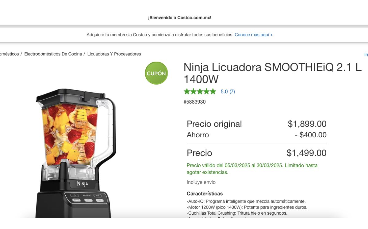 Licuadora Ninja SMOOTHIEiQ con Auto-iQ a precio de rebaja (Costco)