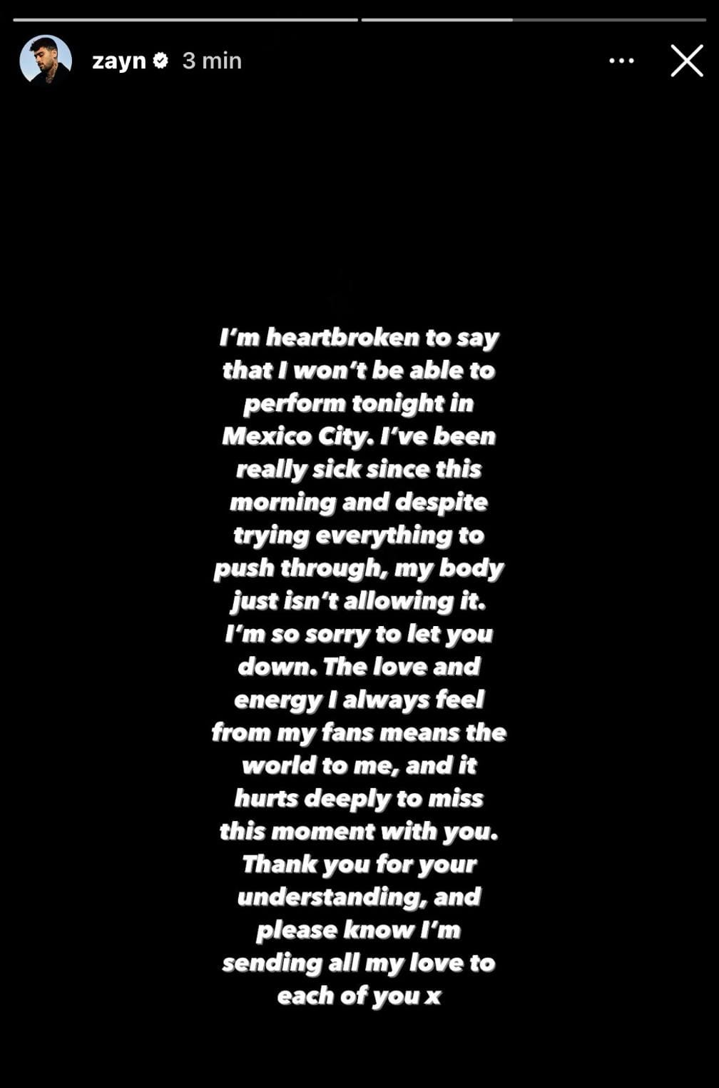 Comunicado de Zayn Malik (Instagram)