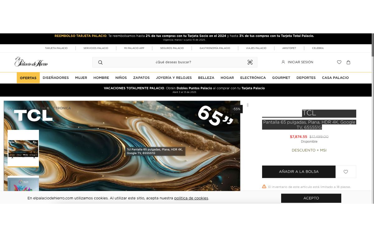 Precio de la pantalla en descuento (Palacio de Hierro)