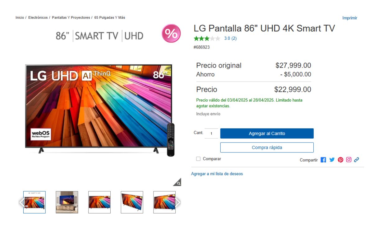Esta es la oferta de la pantalla de 86 pulgadas (Foto: Costco)