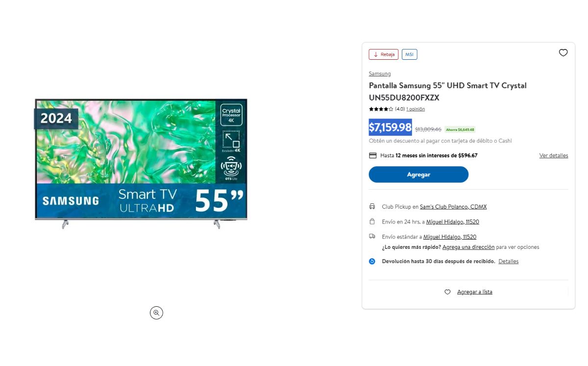 Esta es la oferta de una pantalla de 55 pulgadas (Foto: Sam's Club)
