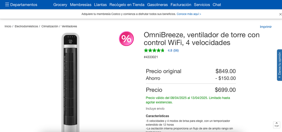 Ventilador OmniBreeze de 4 velocidades y WiFi en oferta (Costco)