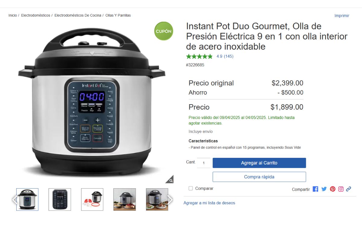 Instant pot 9 en 1 trae irresistible descuento (Foto: Costco)