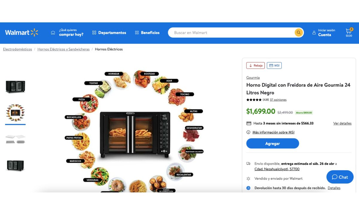 Precio del horno digital con freidora de aire Gourmia (Walmart)