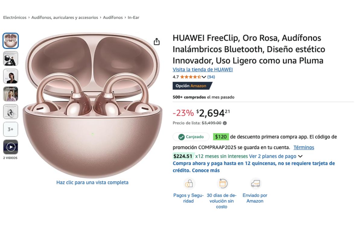 Precio de los audífonos Huawei Freeclip (Amazon)