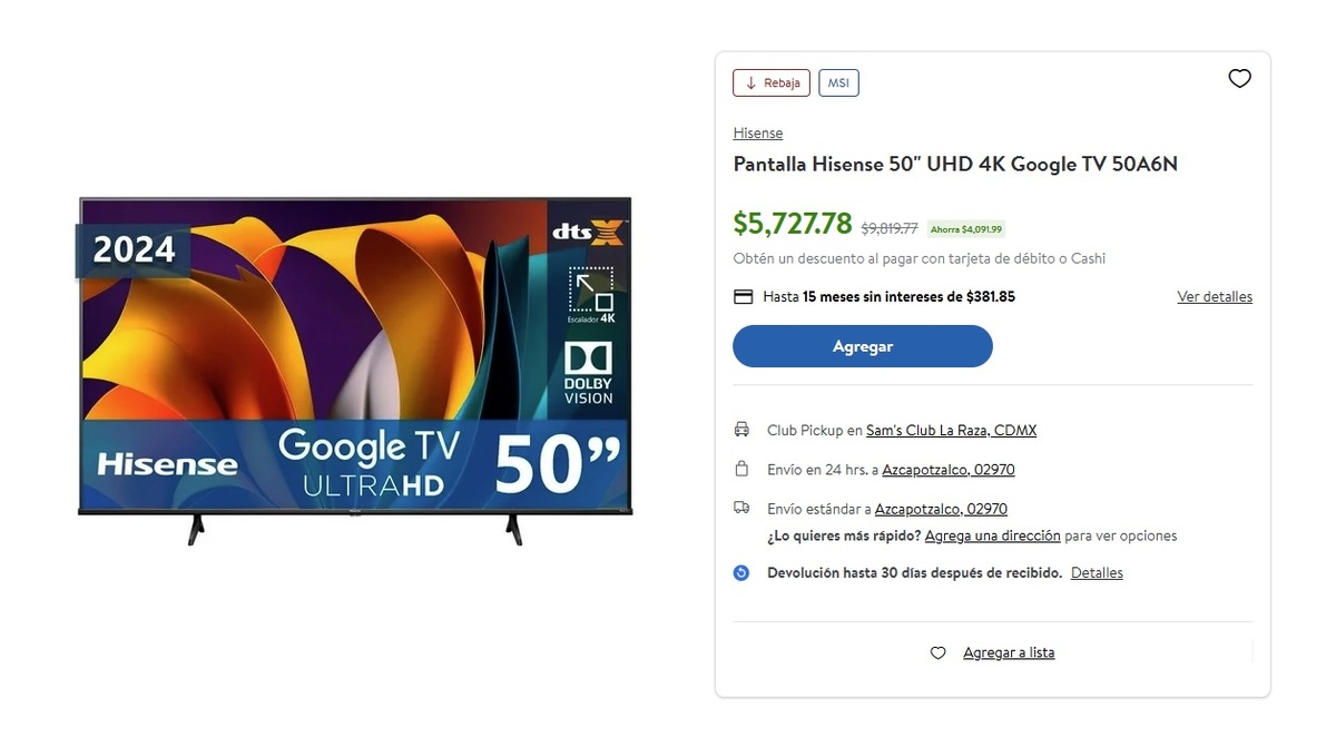 Así es la pantalla Hisense de 50 pulgadas UHD 4K con Google TV (Foto: Sam's Club)