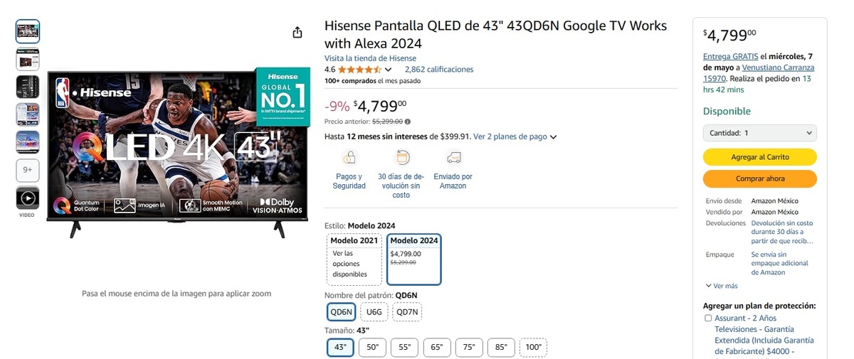 Amazon remata pantalla de 43 pulgadas con grandes promociones (Foto: Amazon)
