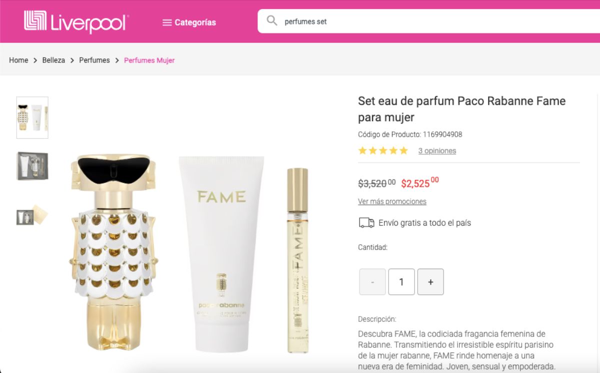 Precio del set de perfume Paco Rabanne Fame (Liverpool)
