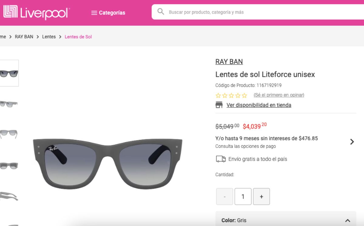 Precio de las gafas Ray-Ban con Inteligencia Artificial (Liverpool)