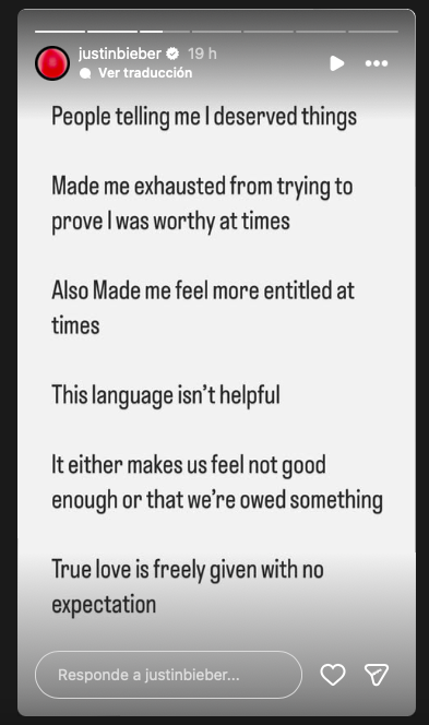 Mensaje de Justin Bieber (Instagram)