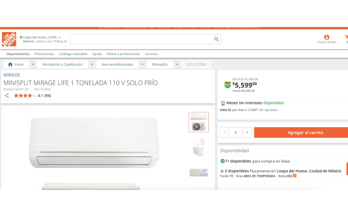 Precio del mini split (The Home Depot)