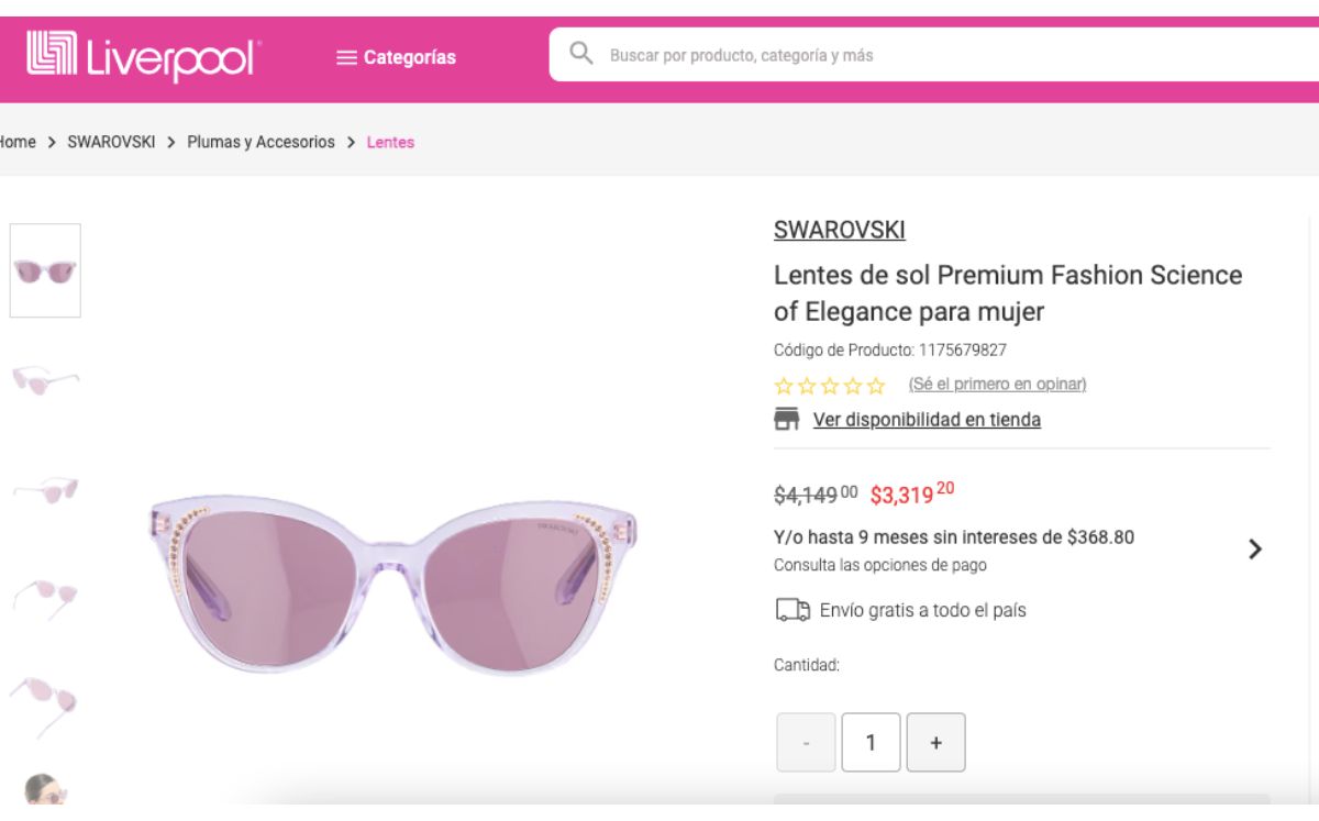 Precio de los lentes de sol Swarovski (Liverpool)