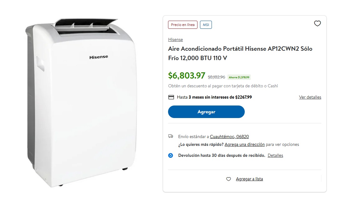 Así es el aire acondicionado portátil Hisense (Foto: Sam's Club)