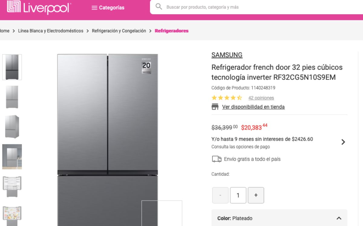 Precio del refrigerador Samsung en descuento (Liverpool)