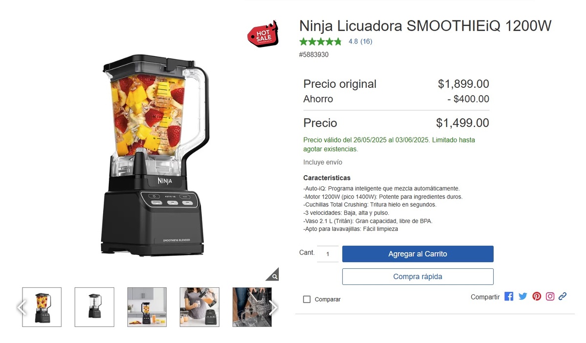 Costco remata licuadora Ninja por el Hot Sale (Foto: Costco)