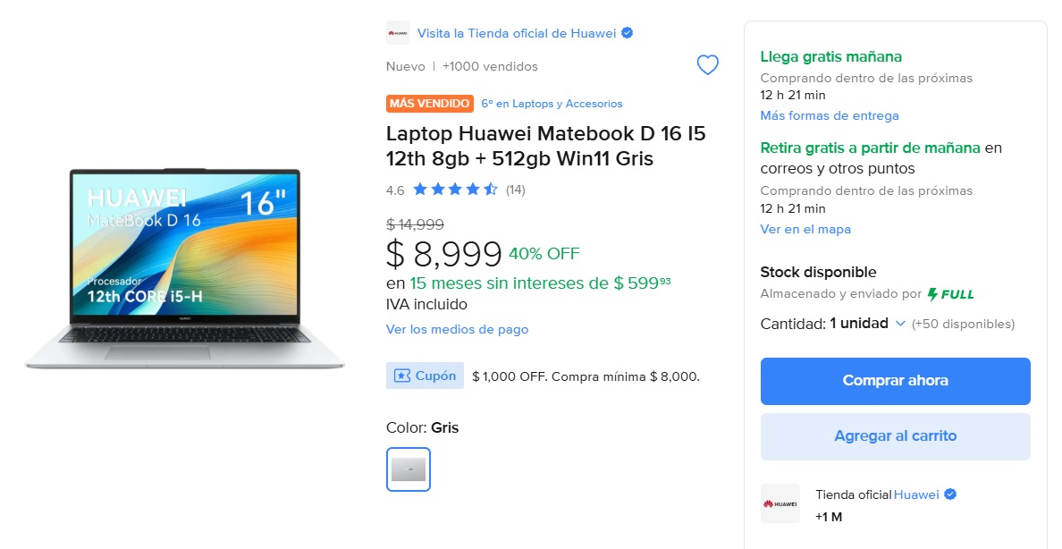 Oferta de Laptop Huawei MateBook D 16 en el Hot Sale (Foto: Mercado Libre)