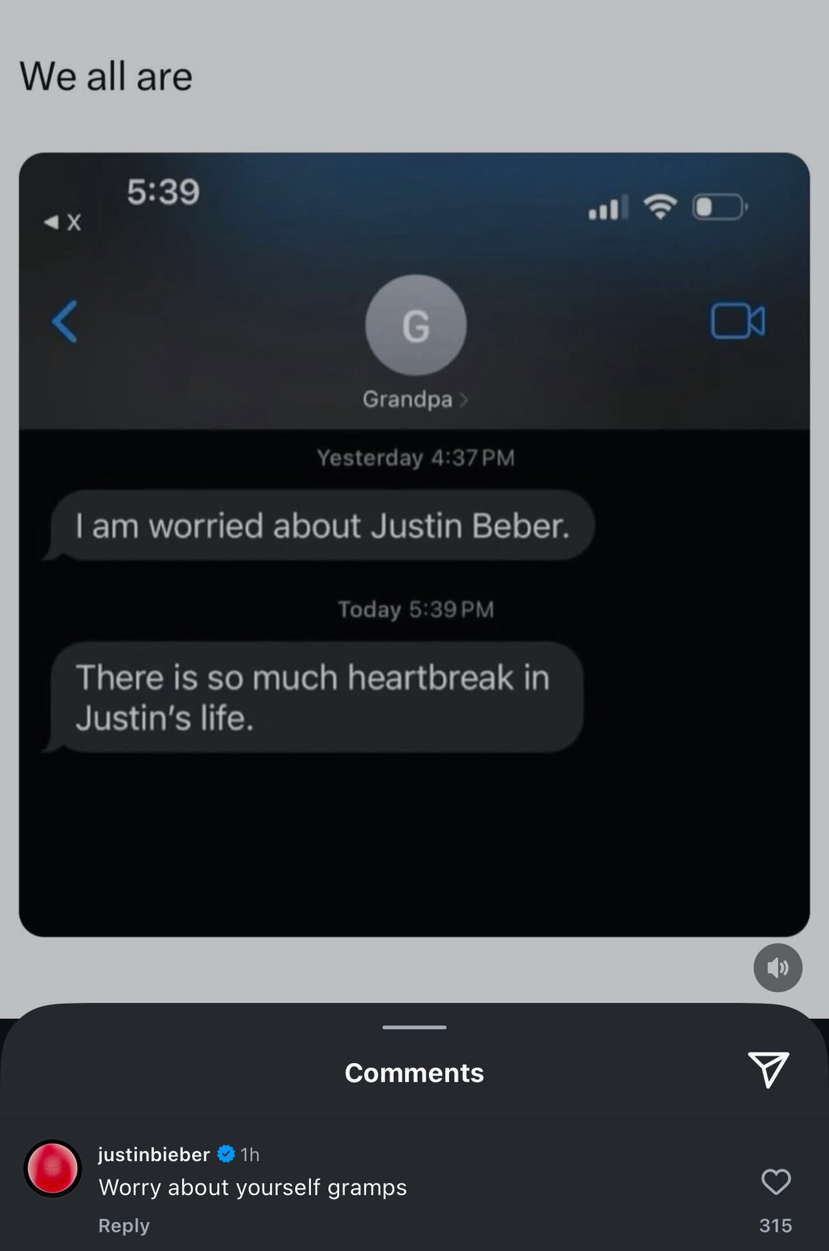 Justin Bieber responde a mensaje viral (Instagram)