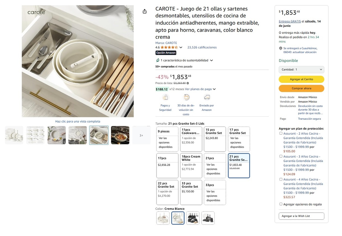Oferta de juego de ollas y sartenes desmontables en Amazon (Foto: Amazon)
