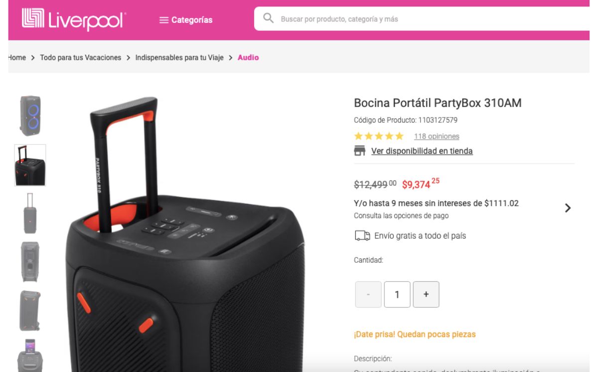 Precio de la bocina portátil JBL en oferta (Liverpool)