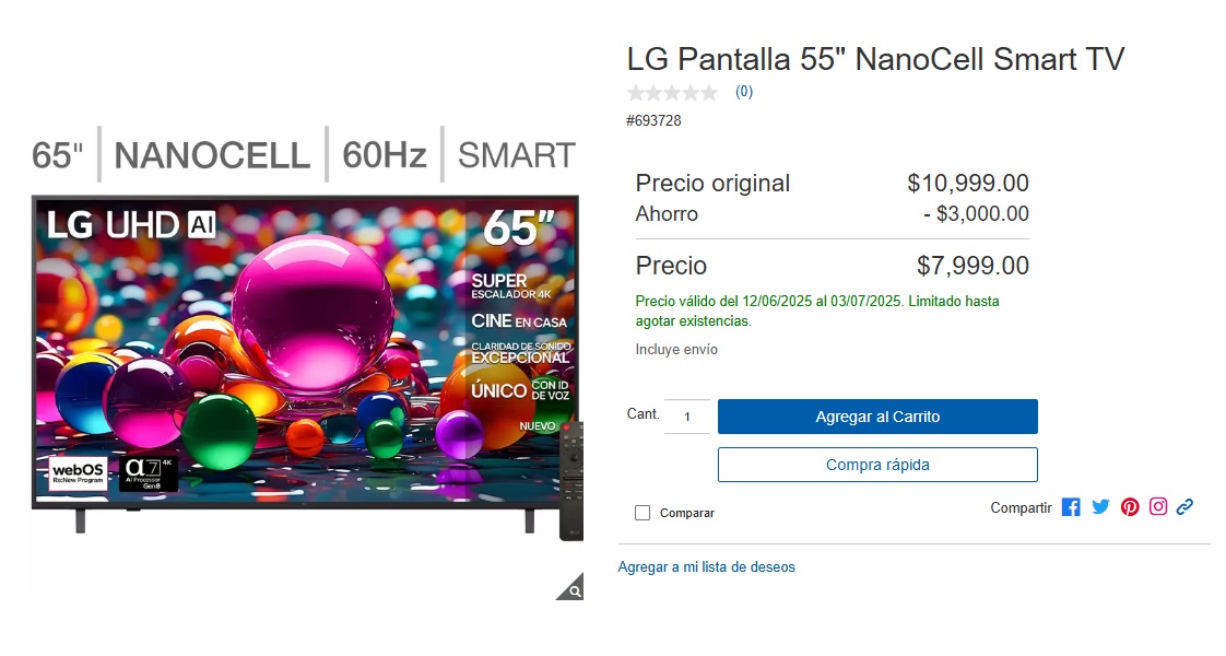 Oferta de pantalla LG de 55 pulgadas en Costco (Foto: Costco)