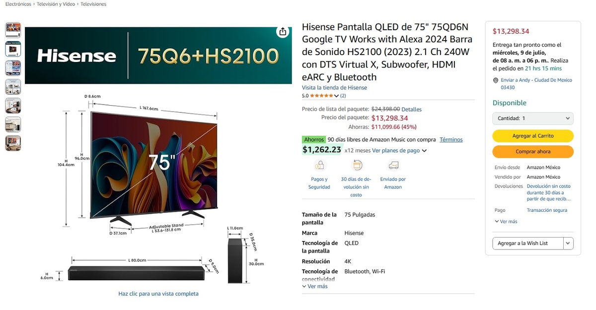 Oferta de la pantalla y barra de sonido en Amazon (Foto. Amazon)