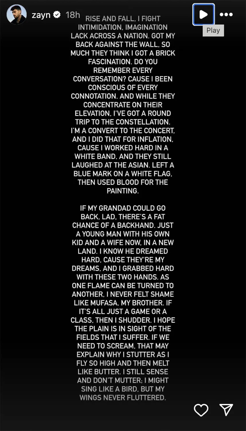 La letra de "Fuchsia Sea" que compartió Zayn Malik (Foto: Instagram)