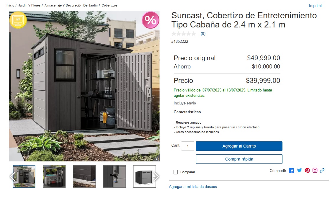Oferta del cobertizo de entretenimiento tipo cabaña Suncast (Foto: Costco)