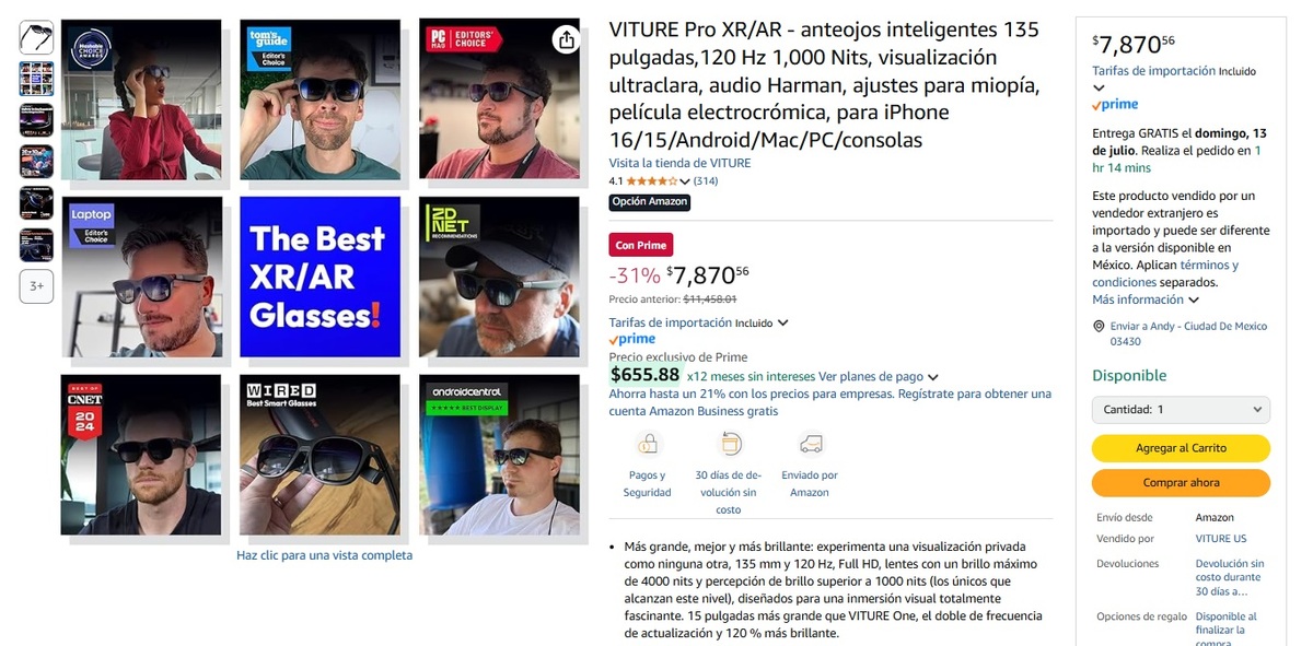 Oferta de los anteojos inteligentes en Amazon (Foto: Amazon)